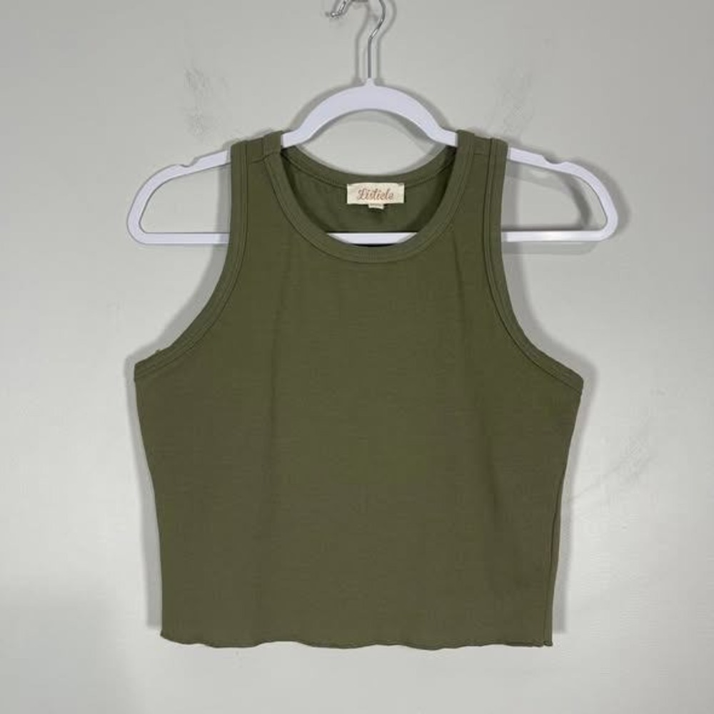 Listicle Tank Top Womens Medium Olive Green Racerback Cropped Casual Basic‎